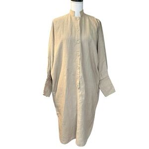 Perjolo Paris Rome 100% Linen Split Sleeve Shirt Dress Oatmeal Small Lagenlook